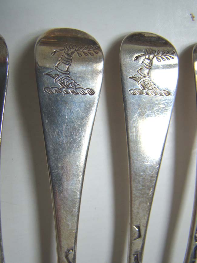 A nice set of four English sterling silver three-prong Dessert Forks by the maker I S or S I, London 1736 — image 2
